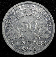France Aluminum 1944 B 50 Centimes WWII Issue Beaumont Mint KM# 914.2 (24 970)