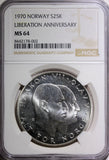 Norway Olav V Silver 1970 25 Kroner NGC MS64 Anniversary of Liberation KM#414(2)