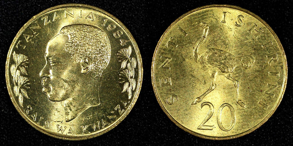 Tanzania Nickel-Brass 1984 20 Senti Ostrich UNC  KM# 2 (28 050)
