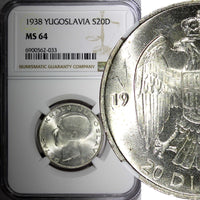 Yugoslavia Petar II Silver 1938 20 Dinara NGC MS64 1 Year Type BU KM# 23 (033)