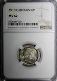 GREAT BRITAIN Edward VII Silver 1910 6 Pence NGC MS62 Light Toned KM# 799 (50)