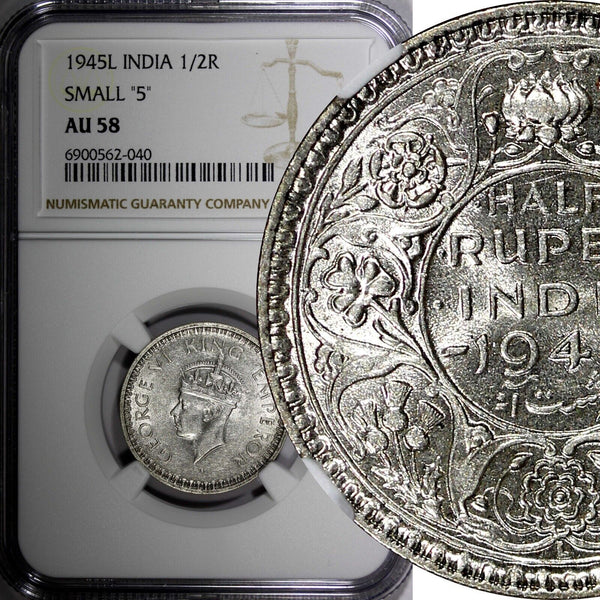 India-British George VI Silver 1945 (L)  1/2 Rupee Small "5" NGC AU58 KM# 552(0)