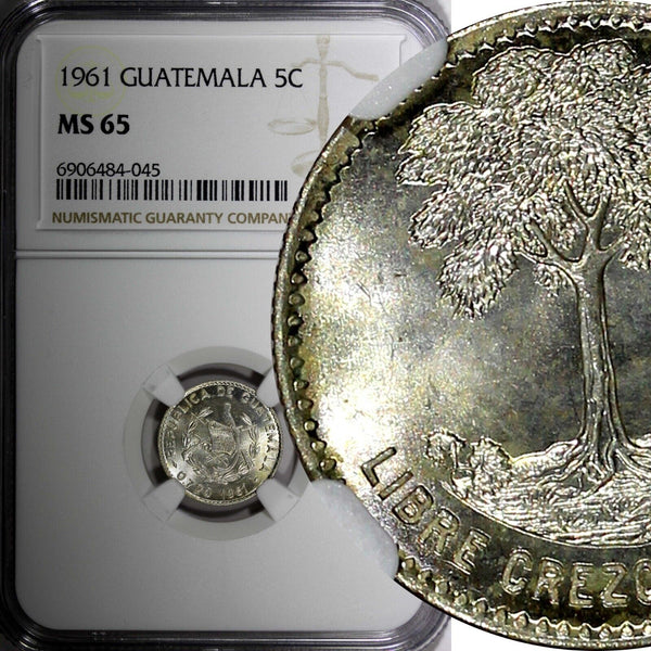 GUATEMALA Silver 1961 5 Centavos NGC MS65 GEM BU Nice Toned KM# 260 (045)