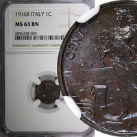 Italy Vittorio Emanuele III Bronze 1916 R 1 Centesimo NGC MS63 BN KM# 40 (039)