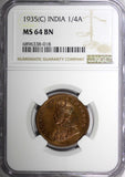 India-British George V Bronze 1935 (C) 1/4 Anna NGC MS64 BN KM# 512 (018)