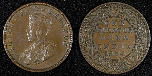 India-British George V Bronze 1934 (C) 1/4 Anna KM# 512 (27 404)