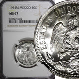 Mexico ESTADOS UNIDOS Silver 1944 M 50 Centavos NGC MS67 GEM BU KM# 447 (024)