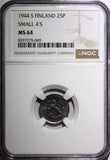 FINLAND Iron 1943 S  25 Penniä Small "4"  WWII  NGC MS64 TOP GRADED KM# 25b (9)