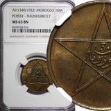 Morocco Yusuf Bronze AH1340 (1922) 10 Mazunas Poissy NGC MS63 BN KM# 29.2  (016)