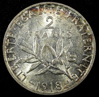 FRANCE Silver 1918  2 Francs Paris Mint 27mm ch.XF KM# 845.1 (25 556)