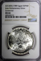 Egypt Silver AH1409 1989 5 Pounds NGC MS66 Mint-5,000 TOP GRADED KM# 665 (012)