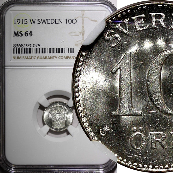 Sweden Gustaf V (1908-1950) Silver 1915 W 10 Ore NGC MS64 SCARCE  KM# 780 (025)