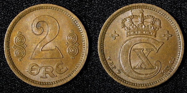 Denmark Christian X Bronze 1915 VBP; GJ 2 Ore UNC KM# 813.1 (27 692)