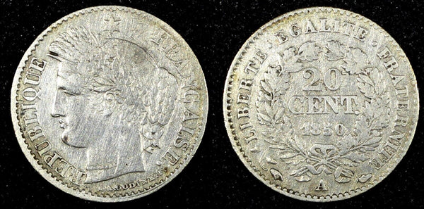 FRANCE Silver 1850 A  20 Centimes Paris Mint KM# 758.1 (24 697)