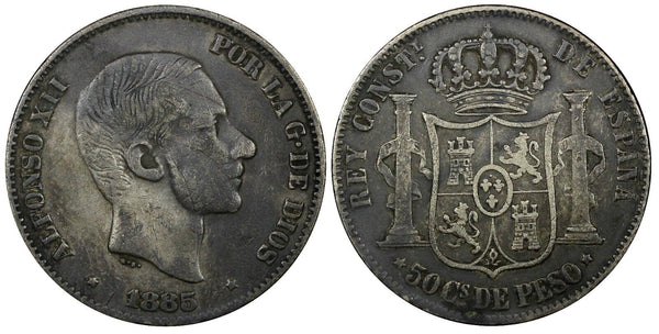 Philippines 	Alfonso XII Silver 1885 50 Centimos Manila 30mm Toned KM# 150 (404)