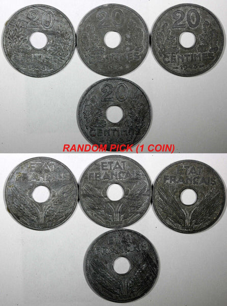 FRANCE  Zinc 1943 20 Centimes WWII Issue KM# 900.1 RANDOM PICK ( 1 COIN ) (934)