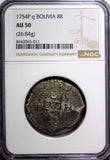 BOLIVIA Ferdinand VI Silver 1754 P q  8 Reales NGC  AU50 NICE TONED KM#40 (11)