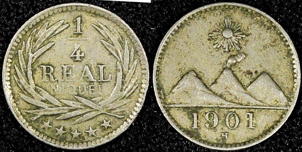 GUATEMALA Copper-Nickel  1901 H 1/4 Real  Heaton Mint Toned KM# 175 (24 566)