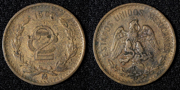 MEXICO  Bronze 1906 2 Centavos 	Wide date  KM# 419 (27 891)