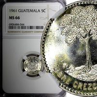 GUATEMALA Silver 1961 5 Centavos NGC MS66 GEM BU Nice Toned KM# 260 (044)