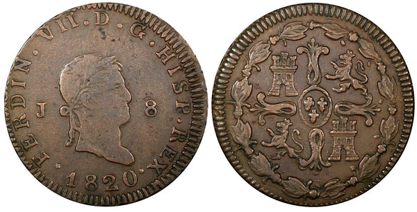 SPAIN Ferdinand VII Copper 1820 J  8 Maravedis Jubia Mint ch.VF/XF KM# 491 (349)