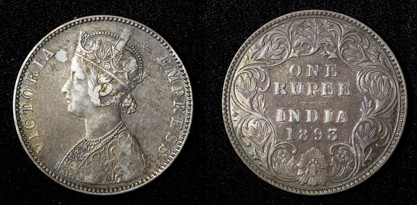 India-British Victoria Silver 1893 B incuse Rupee XF .Nice Toned KM# 492 (558)
