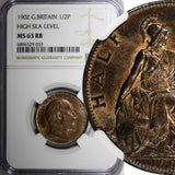 Great Britain Edward VII 1902 1/2 Penny HIGH SEA LEVEL NGC MS63 RB KM# 793.2 (3)