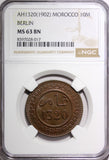 MOROCCO Abd al-Aziz 1320 (1902) Be 10 Mazunas Berlin NGC MS63 BN Y# 17.1 (17)