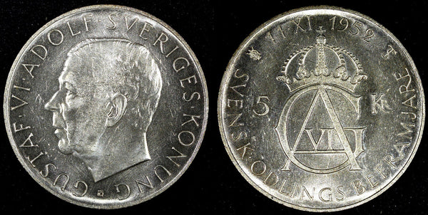 SWEDEN Silver 1952 ST 5 Kronor 70th Birthday Gustaf VI Adolf BU KM# 828 (26 711)