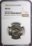 Ceylon Elizabeth II 1963 1 Rupee 1st Year Type NGC MS64 KM# 133 (016)