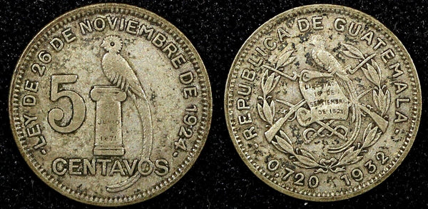 Guatemala Silver 1932 5 Centavos Royal British Mint KM# 238.2  (24 460)