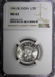 India-British George VI Silver 1941 (B) 1/2 Rupee Bombay NGC MS63 KM# 551 (013)