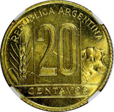 Argentina Aluminum-Bronze 1944 20 Centavos NGC MS64 GEM BU KM# 42 (031)