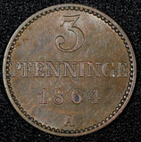 German States MECKLENBURG-SCHWERIN 1864 A 3 Pfennig LAST YEAR XF KM# 310 (187)