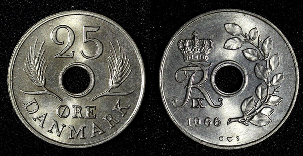 DENMARK Frederik IX Copper-Nickel 1966  25 Øre UNC/BU KM# 855.1 (27 716)