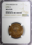 Sweden Gustaf V Bronze 1916 5 Öre  NGC MS63 BN  KM# 779.2 (18)