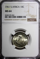 South Africa Silver Jan van Riebeeck 1961 10 Cents NGC MS64 1st Year KM# 60 (2)