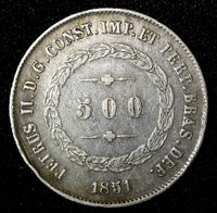 Brazil Pedro II (1831-1889) Silver 1851 500 Reis Mintage-94.695 KM# 458 (27 497)