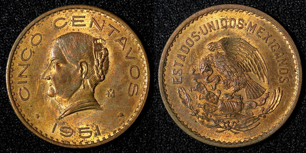 Mexico Bronze 1951 5 Centavos Nice Red Toning KM# 424  (27 926)