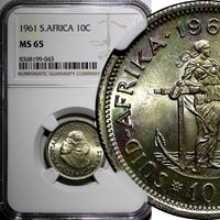South Africa Silver Jan van Riebeeck 1961 10 Cents NGC MS65 1st Year KM# 60 (43)