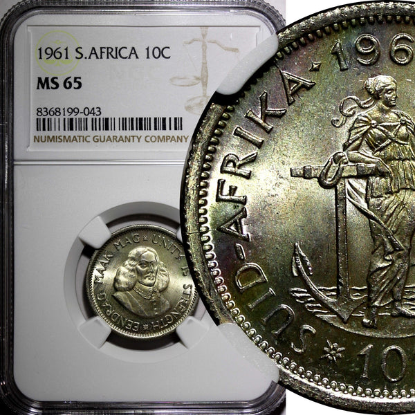South Africa Silver Jan van Riebeeck 1961 10 Cents NGC MS65 1st Year KM# 60 (43)