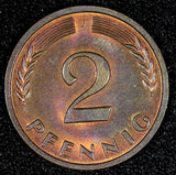 Germany Federal Republic 1959 J 2 Pfennig RAINBOW TONING BU COIN KM# 106 (790)