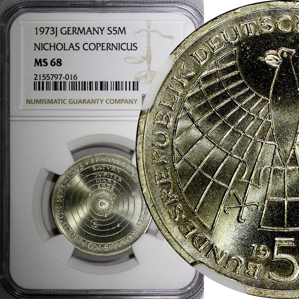 GERMANY Silver 1973 J 5 Mark Nicolaus Copernicus NGC MS68 TOP GRADED KM# 138 (6)