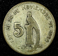 Guatemala Silver 1944 5 Centavos Guatemala City Mint KM# 238.1  (24 451)