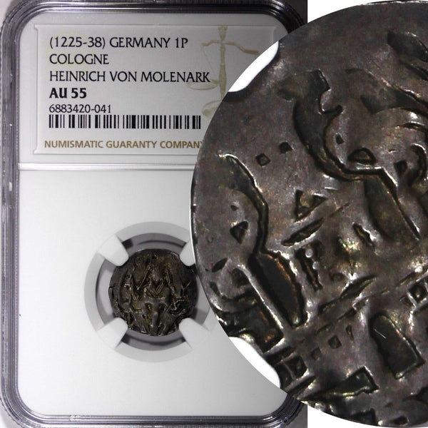 GERMANY COLOGNE HEINRICH I  (1225-38) Silver 1 Pfennig NGC AU55 TOP  GRADED H643