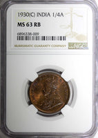 India-British George V Bronze 1930 (C) 1/4 Anna NGC MS63 RB KM# 512 (009)