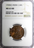 India-British George V Bronze 1930 (C) 1/4 Anna NGC MS63 RB KM# 512 (009)