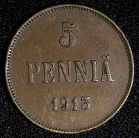 Finland Nicholas II Copper 1913 5 Penniä  KM# 15  (27 713)