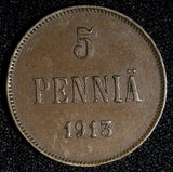 Finland Nicholas II Copper 1913 5 Penniä  KM# 15  (27 713)