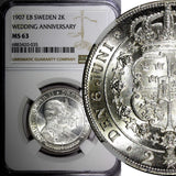 SWEDEN Silver 1907 EB 2 Kronor NGC MS63 Golden Wedding Anniversary KM# 776 (035)